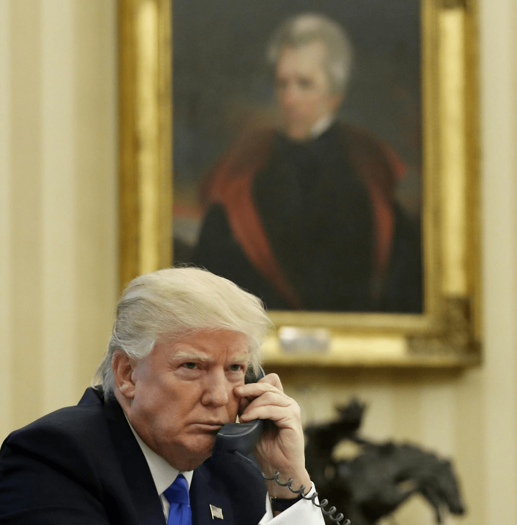 Andrew Jackson's portrait hangs in the Oval Office over Donald Trump.