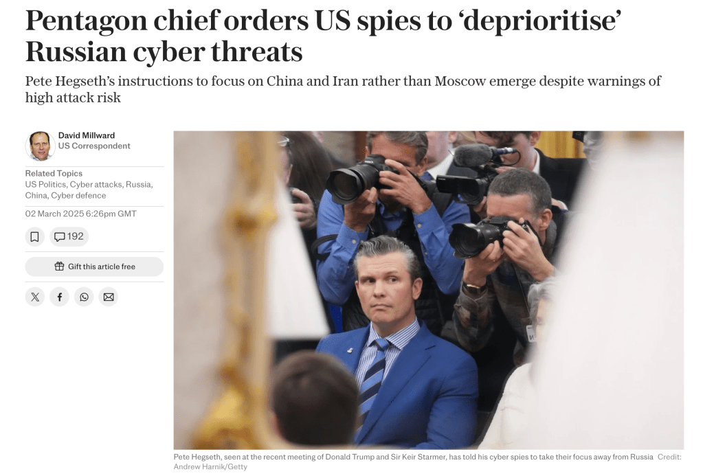 Pentagon chief orders US spies to "deprioritise' Russian cyber threats