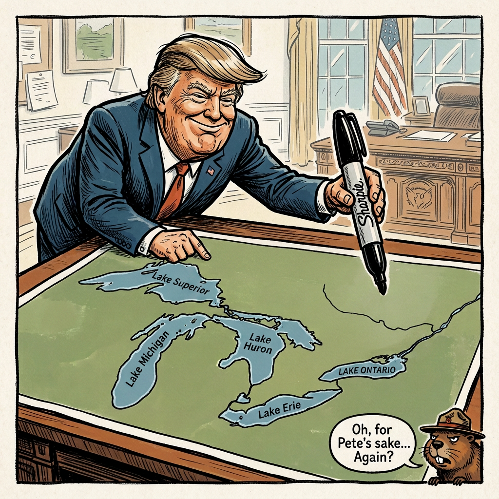 Donald Trump's sharpie poised over Lake Ontario.
